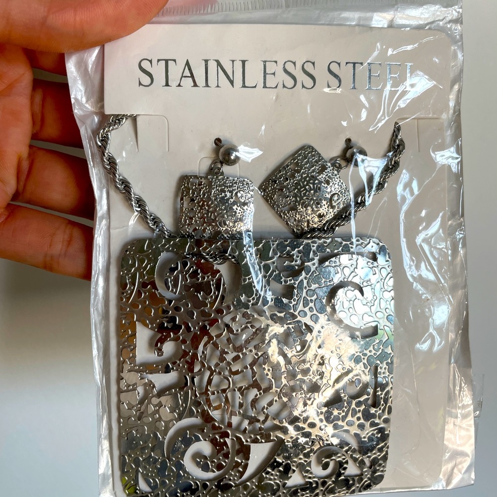 Stainless Steel Square Necklace & Earring Set